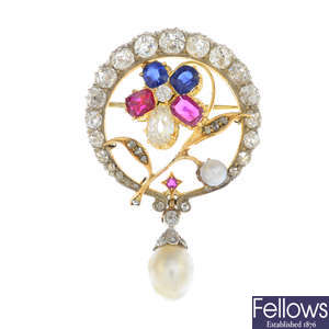 A diamond, sapphire, ruby, pearl and cultured pearl brooch.
