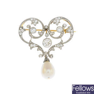 An early 20th century platinum and gold, freshwater cultured pearl and diamond brooch.