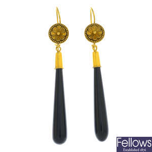 A pair of late Victorian 15ct gold onyx earrings.