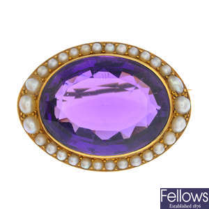 A late 19th century gold amethyst and split pearl brooch.