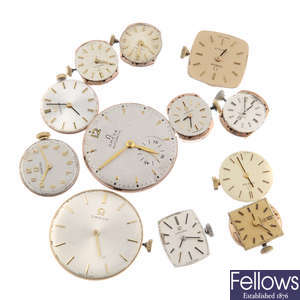 A group of twelve watch movements by Omega.