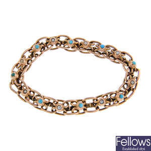 An early 20th century 9ct gold turquoise and split pearl flexible bracelet.