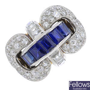 A 1940s platinum and gold, sapphire and diamond dress ring.