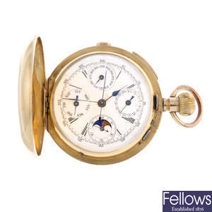 A yellow metal full hunter chronograph triple date quarter repeater moonphase pocket watch.