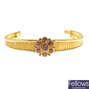 A mid 20th century 18ct gold ruby bracelet.