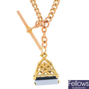 An early 20th century 9ct gold Albert, with later blue agate fob.