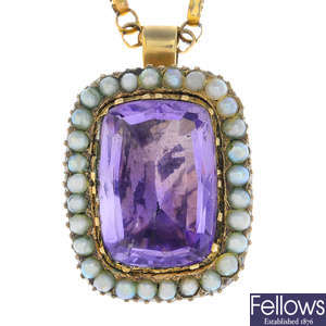A 19th century gold amethyst and split pearl pendant, with early 20th century 9ct gold chain.