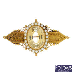 A late Victorian 15ct gold citrine and split pearl cannetille brooch.