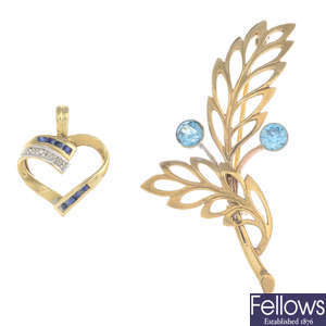 A 9ct gold sapphire and diamond pendant and a zircon brooch.