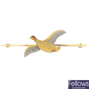A mid 20th century gold enamel pheasant brooch.
