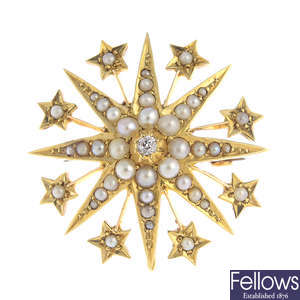An early 20th century 15ct gold diamond and split pearl star brooch.