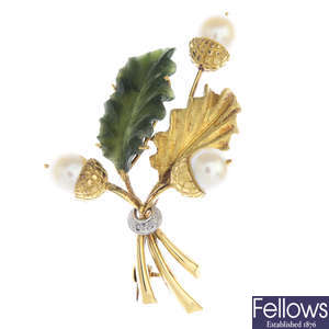 An 18ct gold diamond, nephrite jade and cultured pearl acorn brooch.