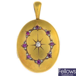 A late Victorian 18ct gold diamond and ruby locket.