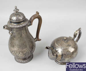 A Victorian silver hot water pot & a plated bachelor teapot. (2).