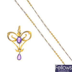 An early 20th century amethyst pendant, with a 9ct gold chain.