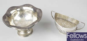 Assorted silver items to include a modern Italian footed dish, a twin-handled sugar bowl, etc.