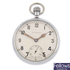 A nickel plated open face military issue pocket watch by Leonidas, together with two pocket watches and a lady's wrist watch.