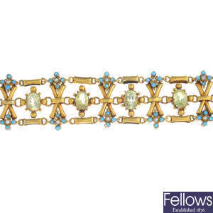 A late Victorian gold chrysoberyl, turquoise and split pearl bracelet.