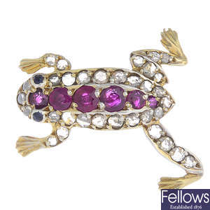 A ruby, diamond and sapphire frog brooch.