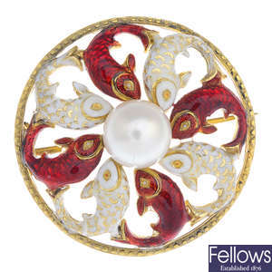 A mid Victorian gold cultured pearl and enamel brooch, by Robert Philips.