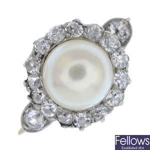 An early 20th century gold cultured pearl and diamond cluster ring.