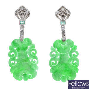 A pair of jade, diamond and emerald earrings.