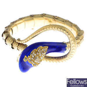 A Russian pre-Revolutionary gold, diamond and enamel snake bracelet.