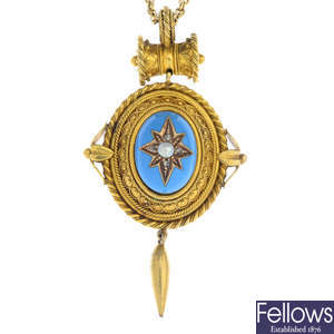 A late Victorian gold split pearl, diamond and enamel pendant, with chain.