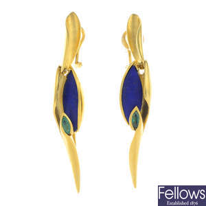 A pair of 14ct gold lapis lazuli and emerald earrings.