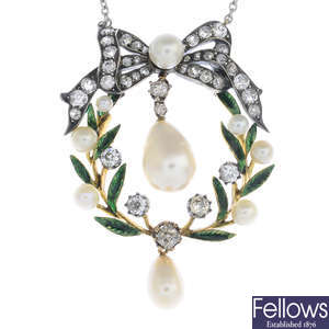 A natural pearl, diamond and enamel pendant, on chain.