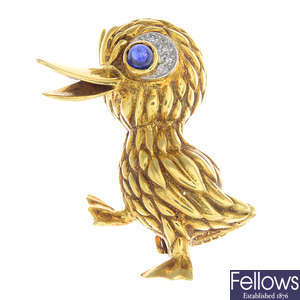 A 1960s 18ct gold sapphire and diamond duck brooch.