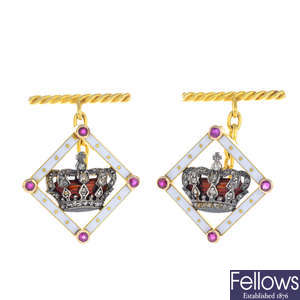A pair of diamond, ruby and enamel crown cufflinks.