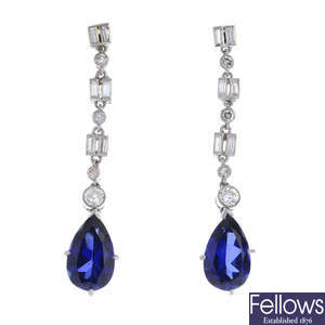 A pair of synthetic sapphire and diamond earrings.