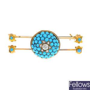 A late Victorian gold, turquoise and diamond brooch.