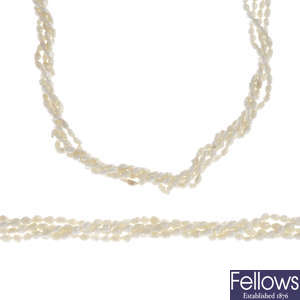 A cultured pearl four-row necklace, with matching bracelet.