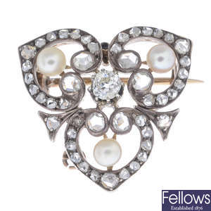A late Victorian gold and silver diamond and seed pearl brooch.