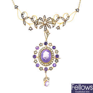 An early 20th century amethyst and split pearl necklace.