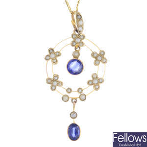 An early 20th century 9ct gold sapphire and split pearl pendant, with chain.