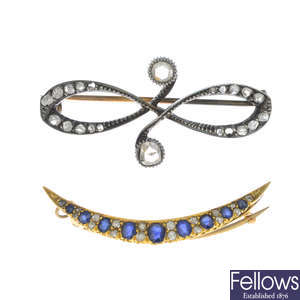 Two Victorian diamond and sapphire brooches.