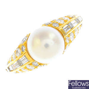 BULGARI - an 18ct gold cultured pearl and diamond ring.