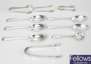 Various Victorian & later silver spoons & sugar tongs, plus a book on Chester Goldsmiths.