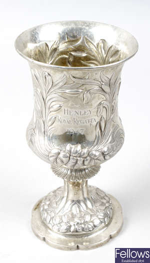 A 1930's embossed silver goblet engraved 'Henley Royal Regatta'.