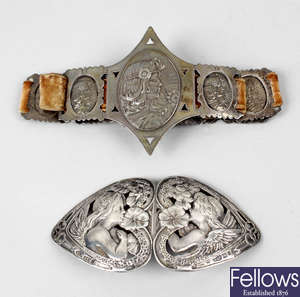 Art Nouveau silver buckle & belt, also a pair of cased Georgian style buckles.