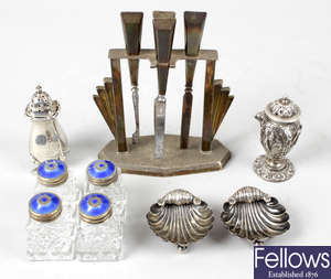 A selection of small silver items to include mustard pots, other condiments, etc. 