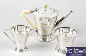 A 1930's silver three piece tea service in Art Deco style.