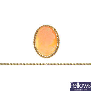 A 9ct gold bracelet and cameo brooch.