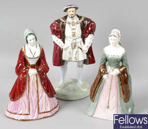 Two Coalport bone china The Royal Collection figurines, King Henry VIII, and six other similar figures.