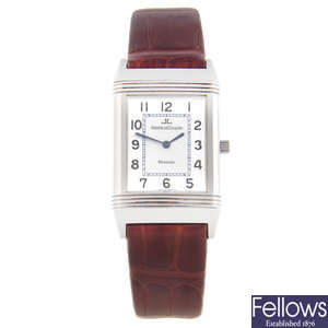 JAEGER-LECOULTRE - a mid-size stainless steel Reverso wrist watch.