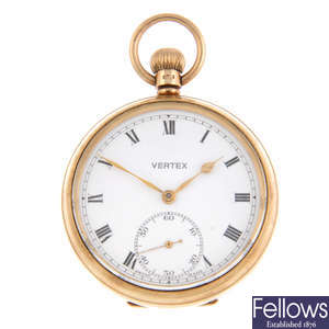 A 9ct yellow gold open face pocket watch by Vertex.