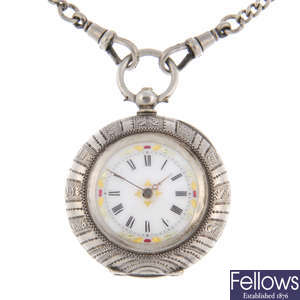 A white metal open face fob watch with chain and fob.